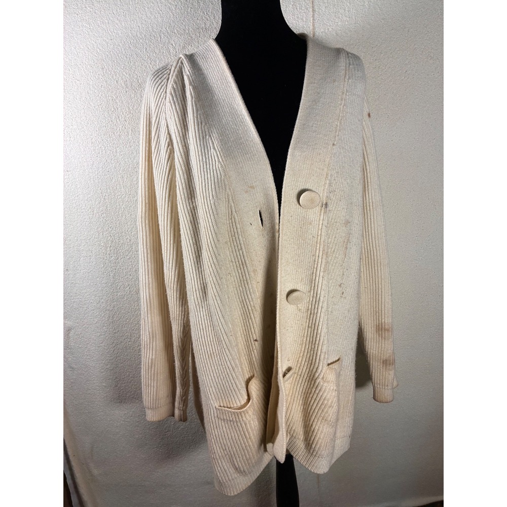 *stained*Yarnworks Ribbed Cardigan Women L Cream Fair Shawl Neck Button Front Po